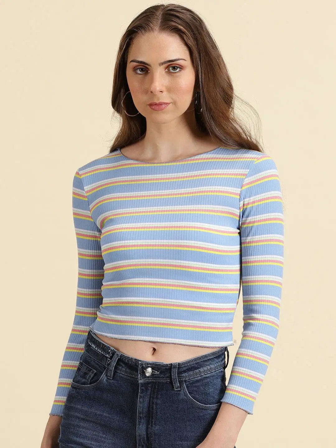 Women's Blue Striped Fitted Crop Top