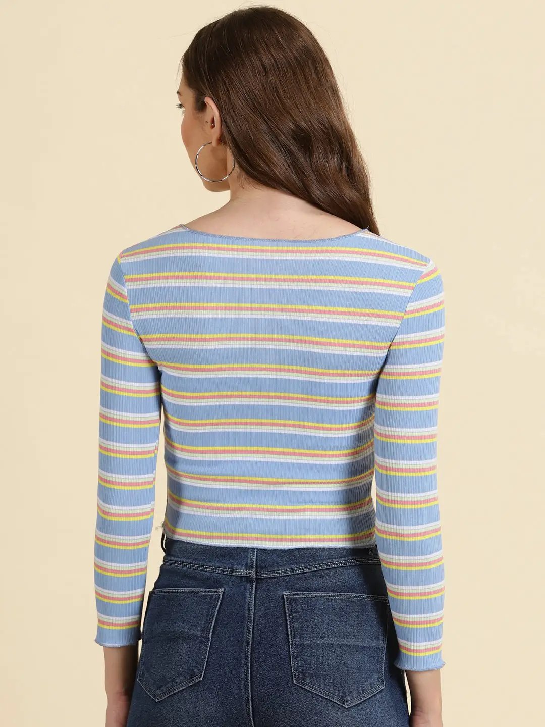 Women's Blue Striped Fitted Crop Top