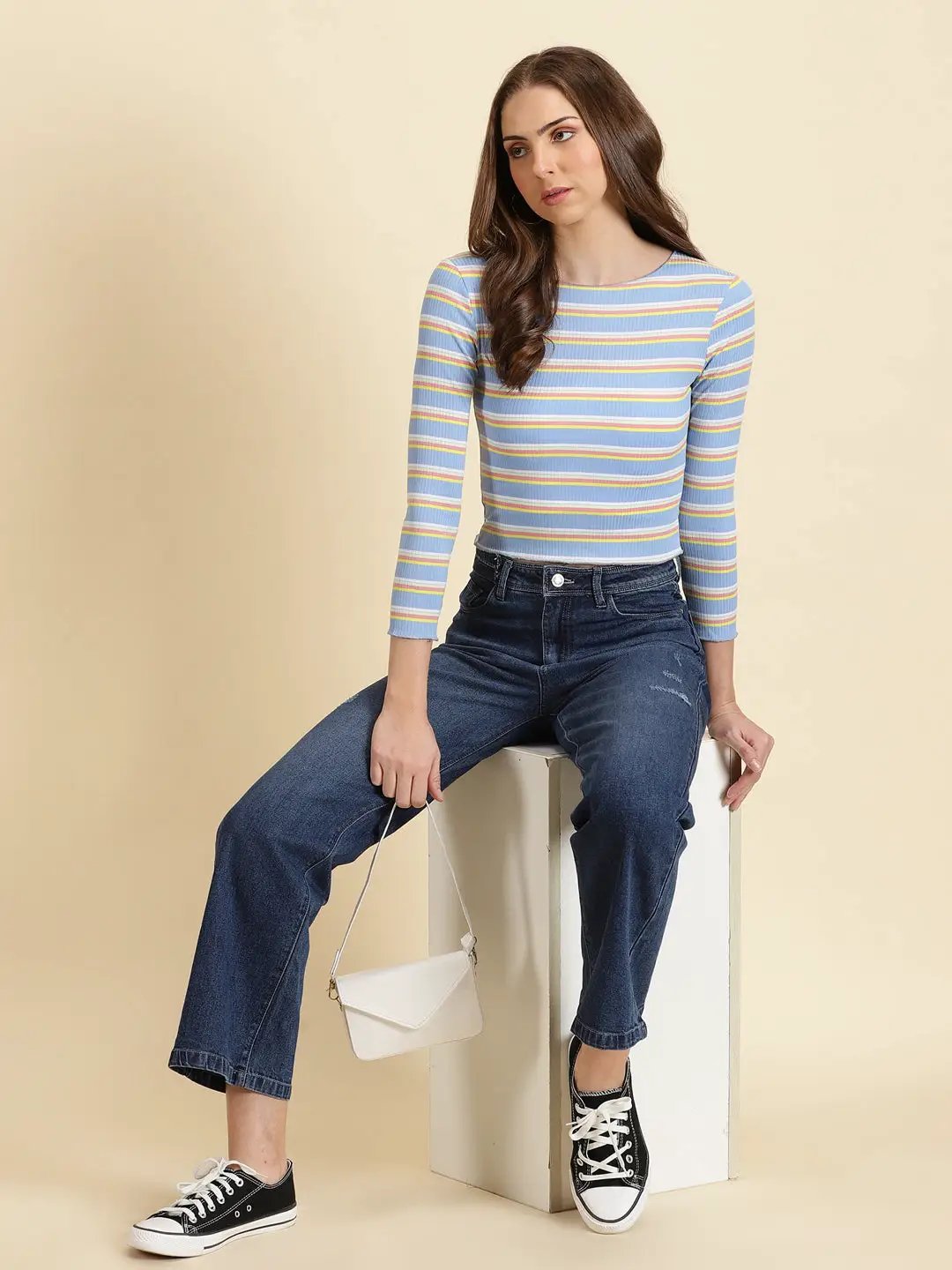 Women's Blue Striped Fitted Crop Top