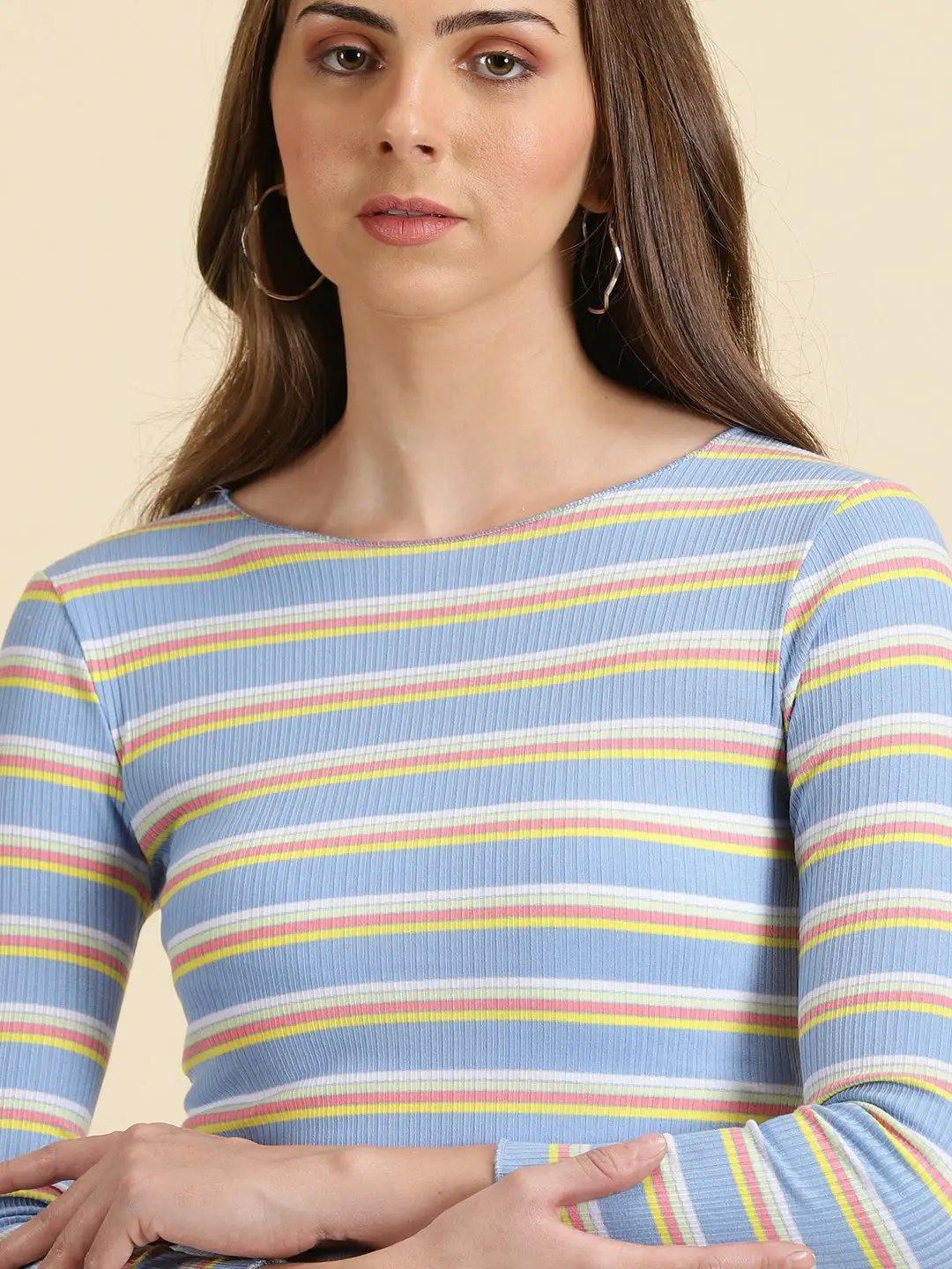 Women's Blue Striped Fitted Crop Top