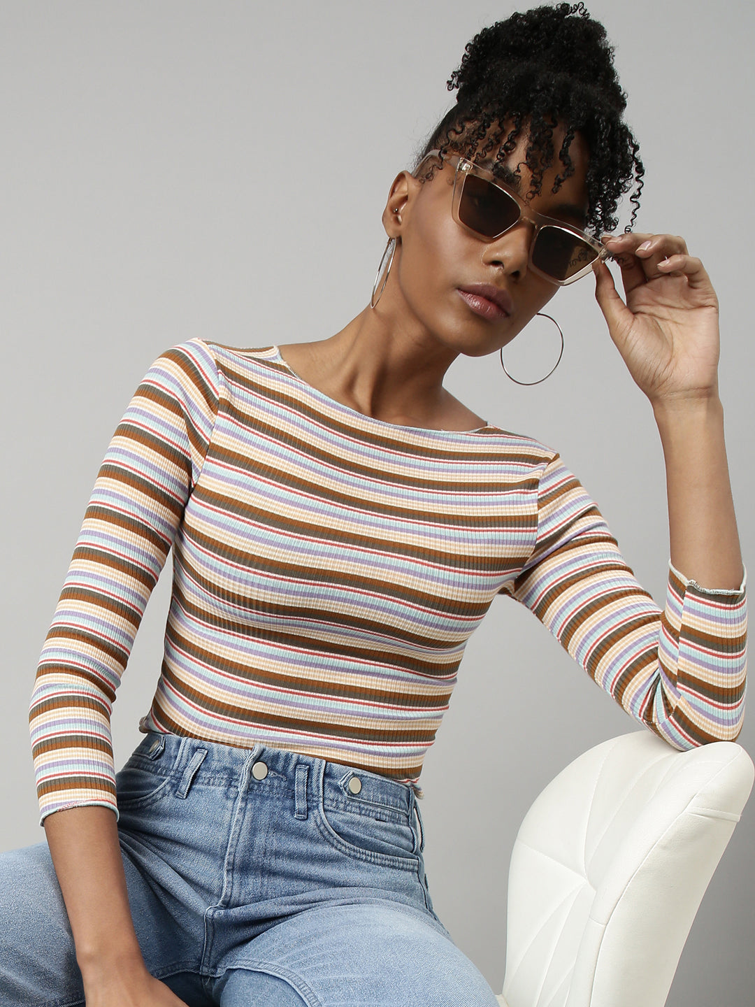 Women Brown Horizontal Stripes Fitted Crop Top