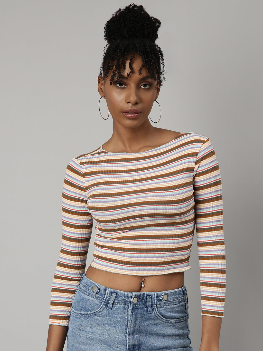 Women Brown Horizontal Stripes Fitted Crop Top