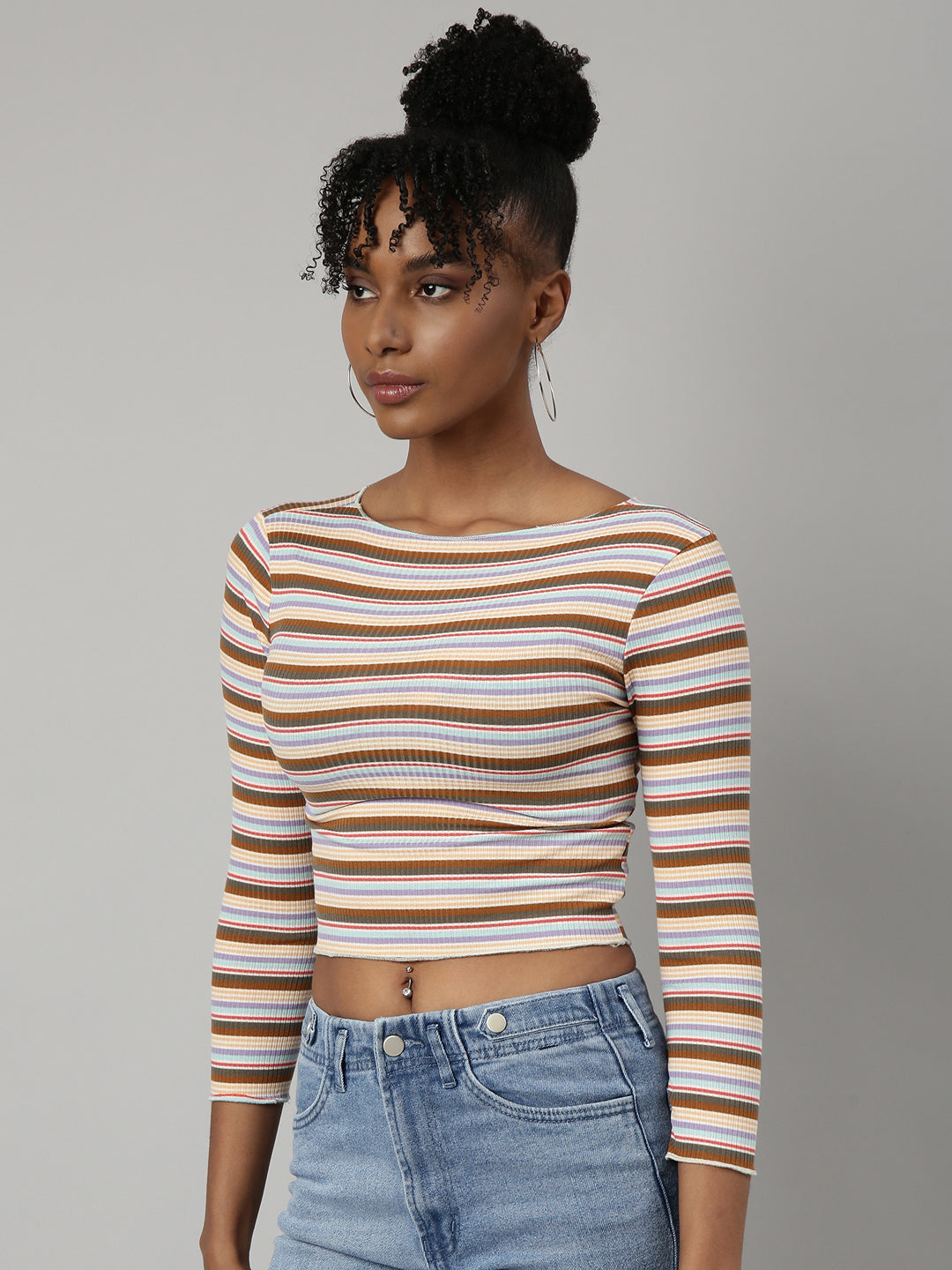 Women Brown Horizontal Stripes Fitted Crop Top