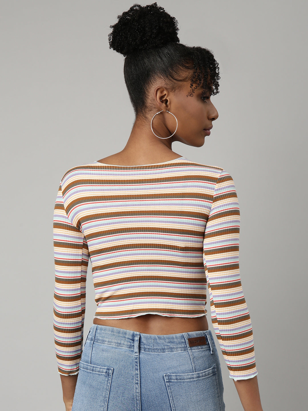 Women Brown Horizontal Stripes Fitted Crop Top