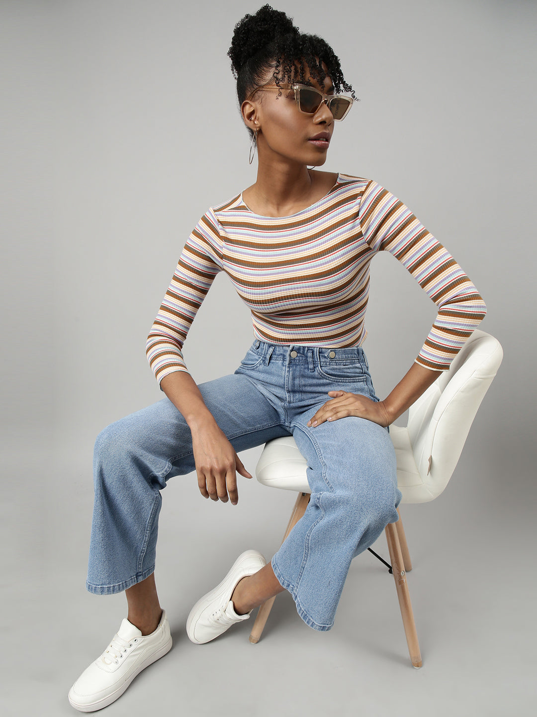 Women Brown Horizontal Stripes Fitted Crop Top