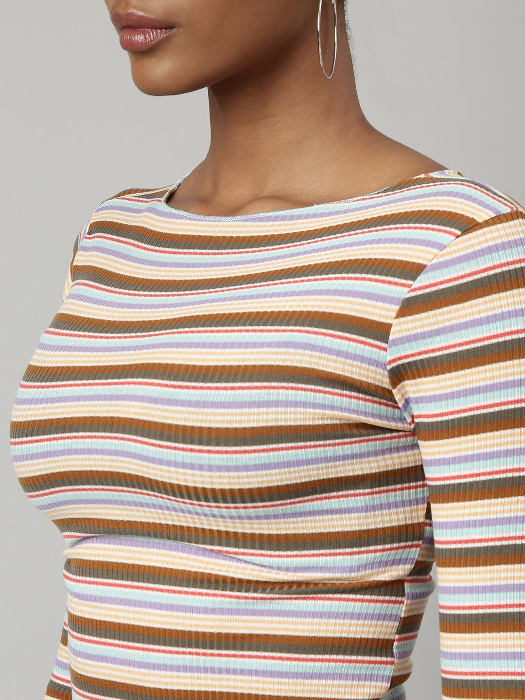 Women Brown Horizontal Stripes Fitted Crop Top