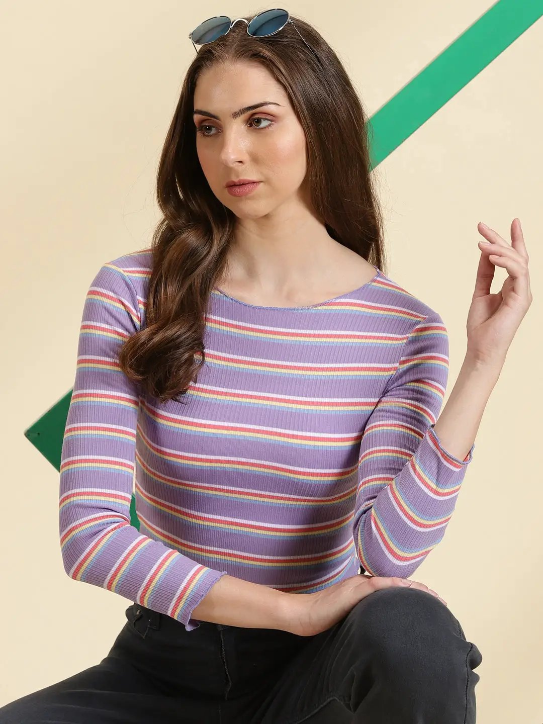 Women's Lavender Striped Fitted Crop Top