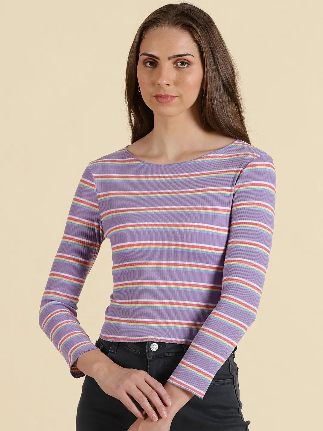 Women's Lavender Striped Fitted Crop Top