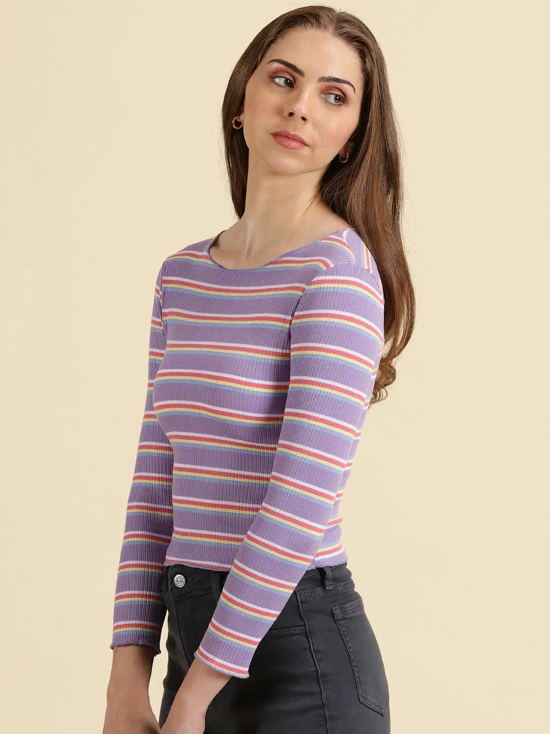 Women's Lavender Striped Fitted Crop Top