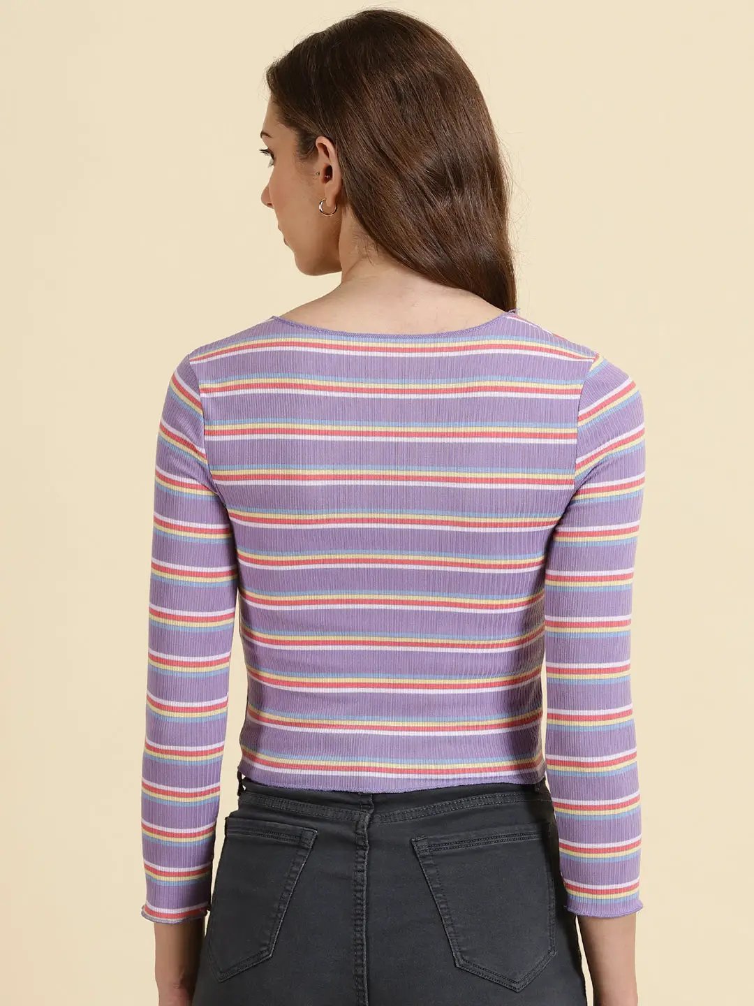 Women's Lavender Striped Fitted Crop Top