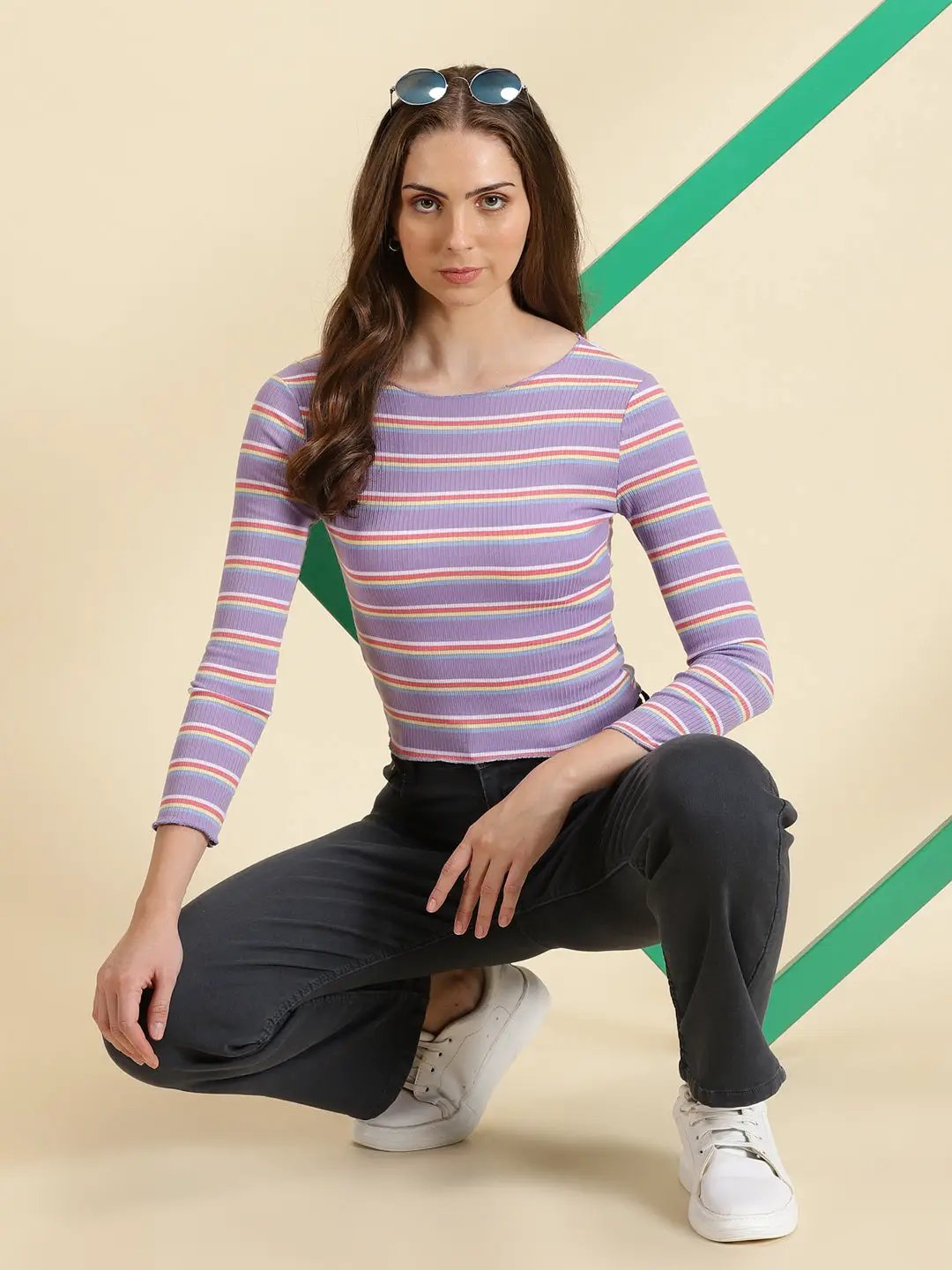 Women's Lavender Striped Fitted Crop Top