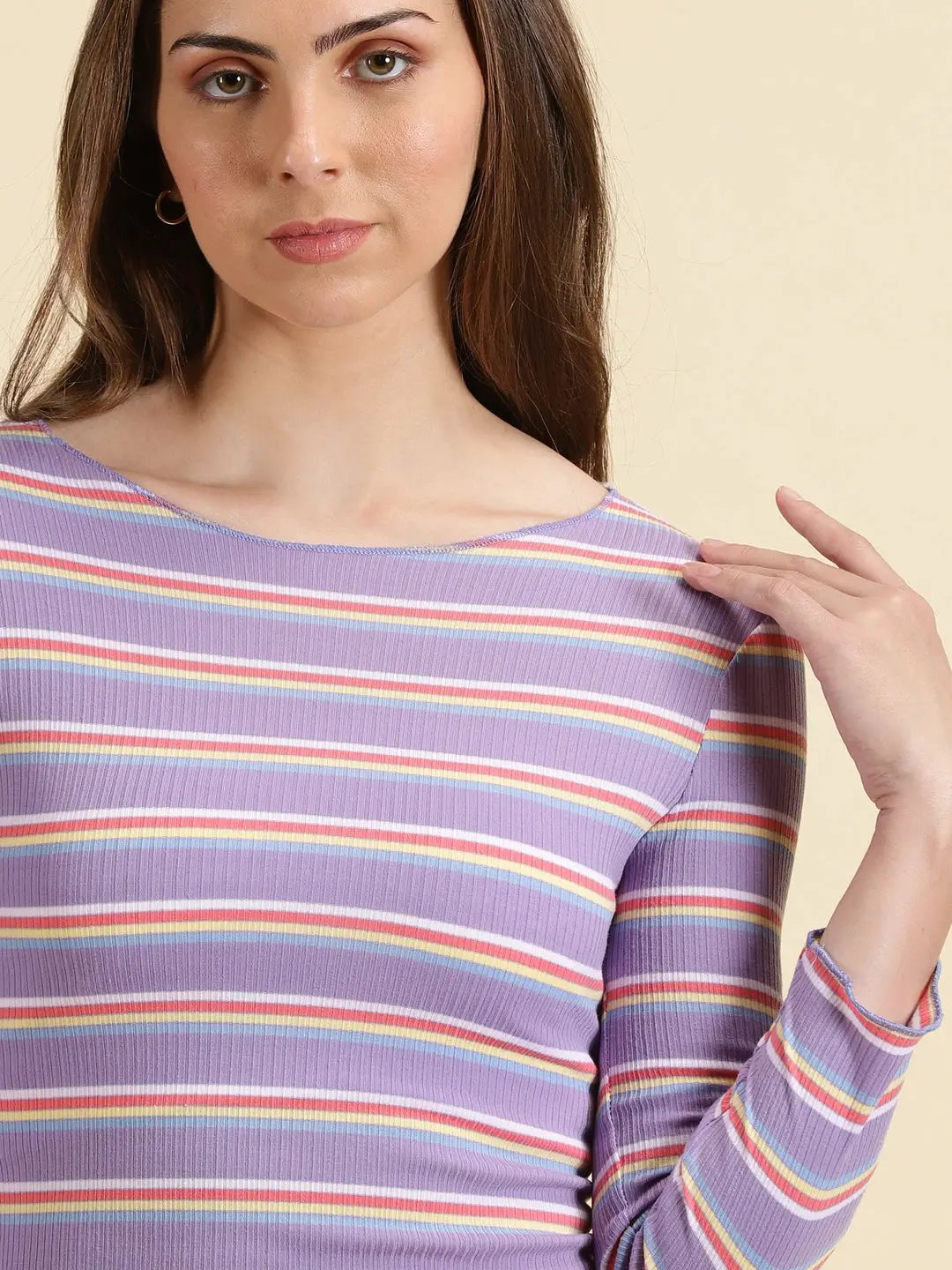 Women's Lavender Striped Fitted Crop Top