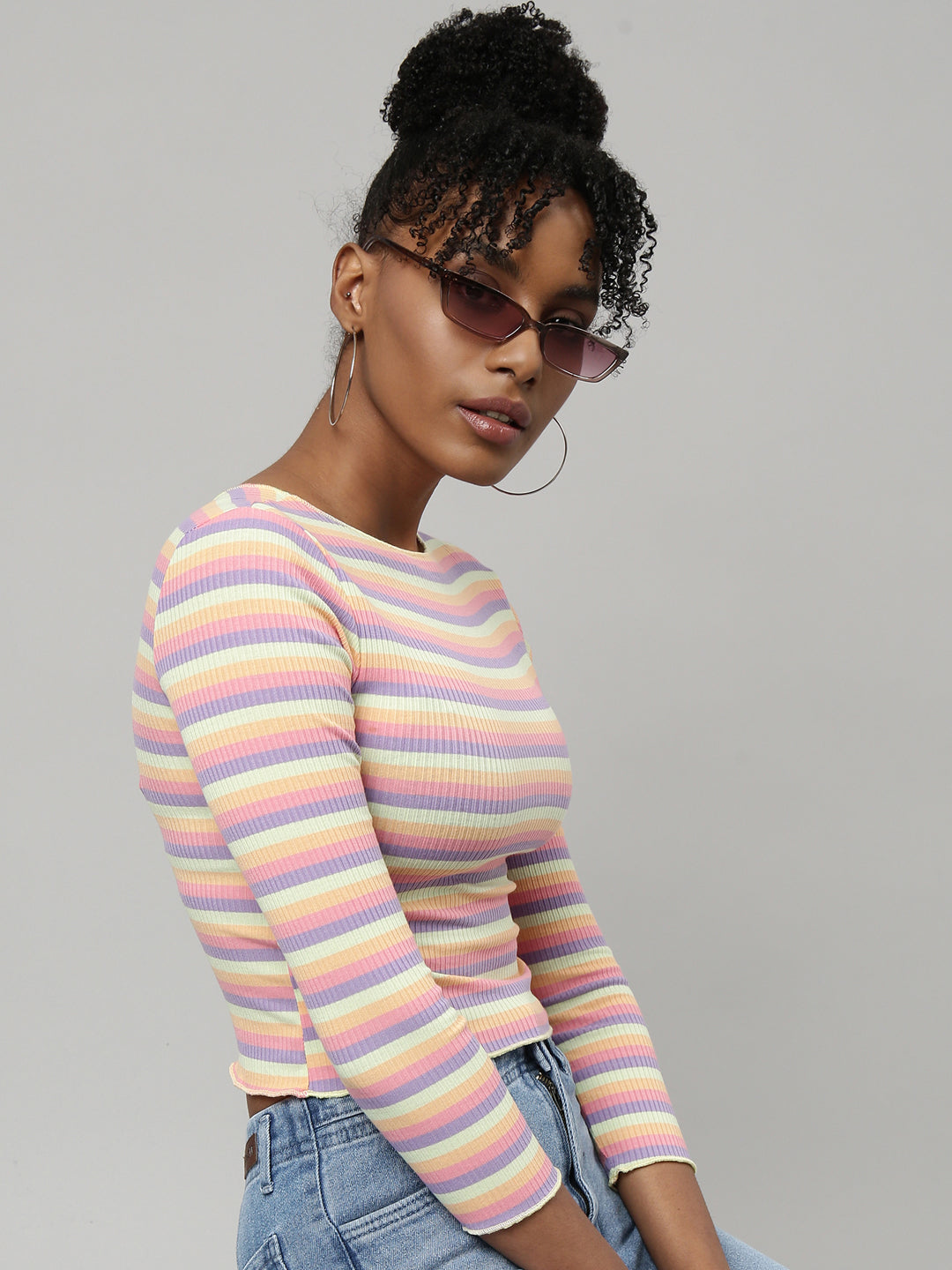 Women Multi Horizontal Stripes Fitted Crop Top