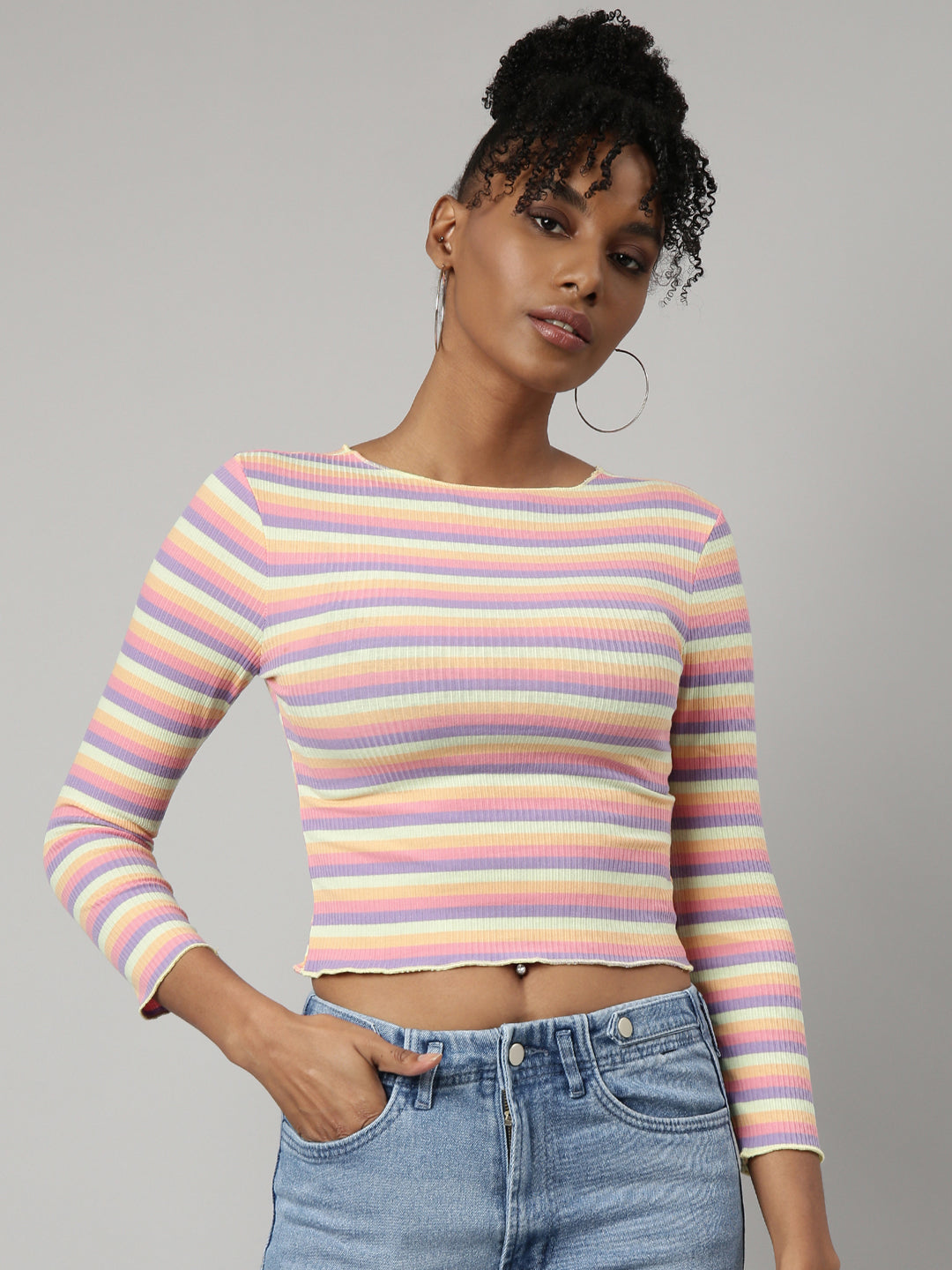 Women Multi Horizontal Stripes Fitted Crop Top