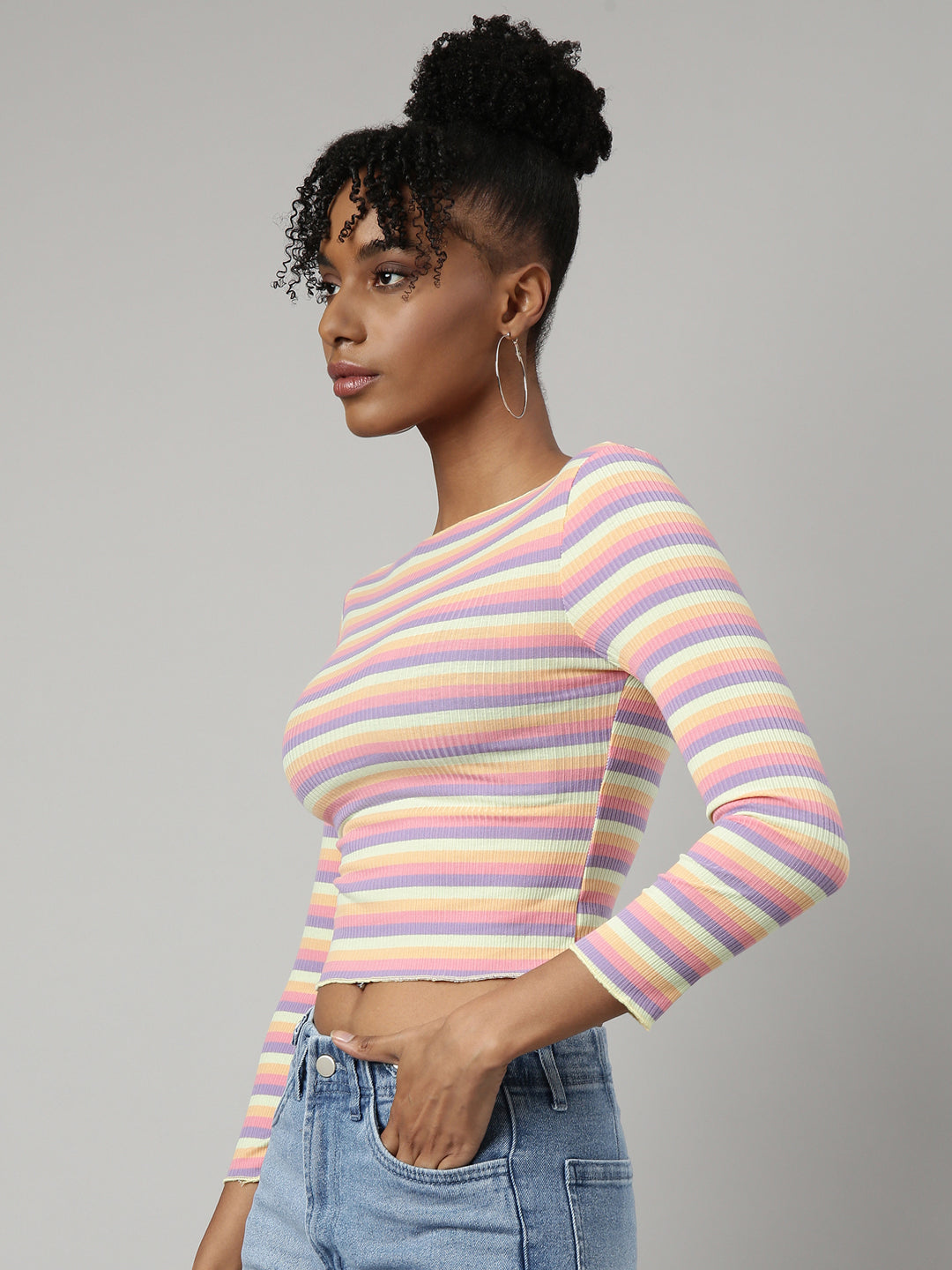 Women Multi Horizontal Stripes Fitted Crop Top