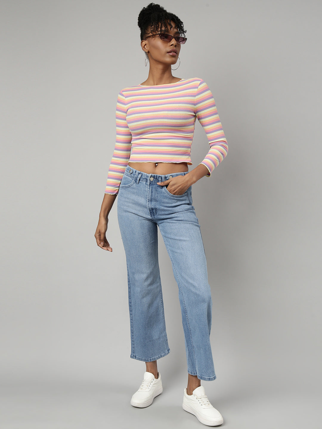 Women Multi Horizontal Stripes Fitted Crop Top