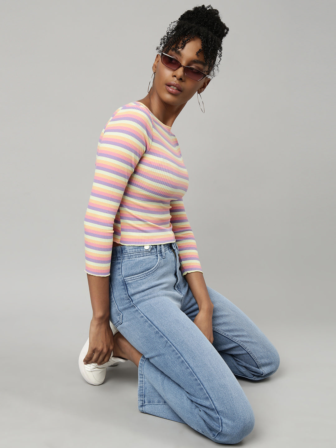 Women Multi Horizontal Stripes Fitted Crop Top