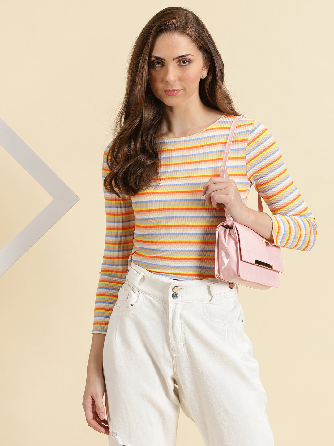 Women's Orange Striped Fitted Crop Top