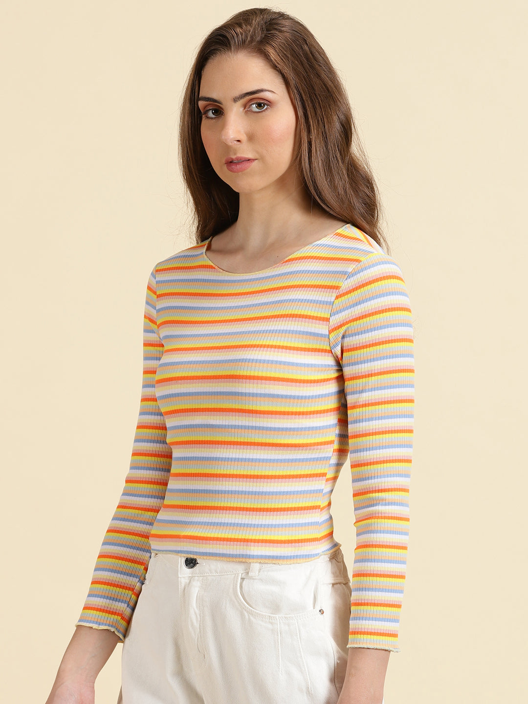 Women's Orange Striped Fitted Crop Top