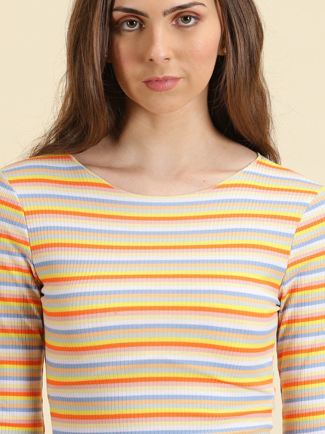 Women's Orange Striped Fitted Crop Top