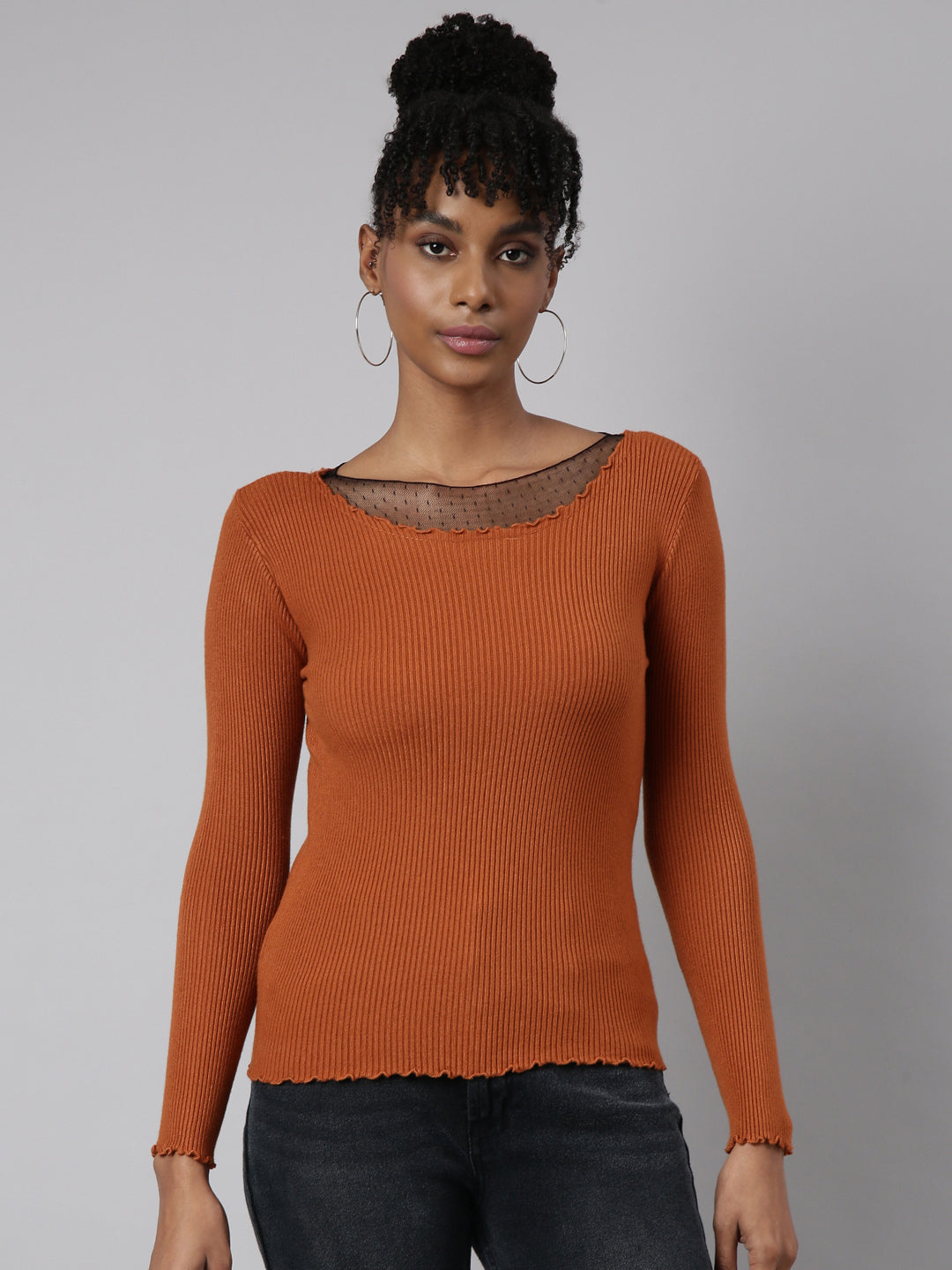 Women Rust Solid Fitted Top