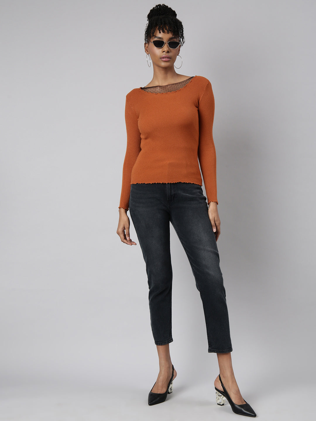 Women Rust Solid Fitted Top