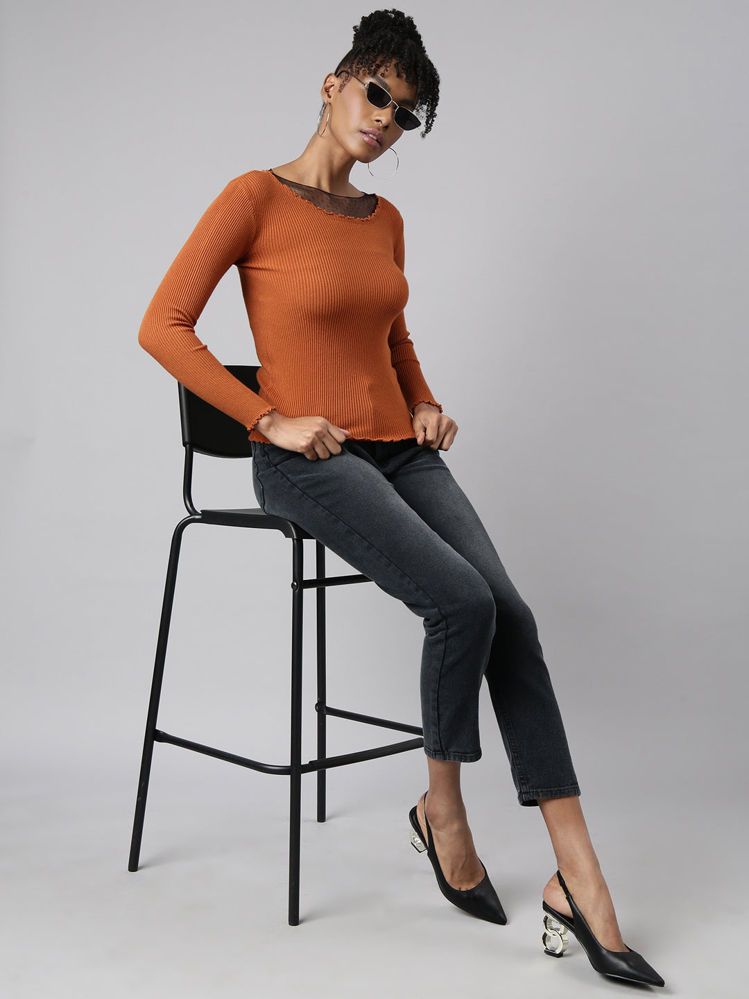 Women Rust Solid Fitted Top