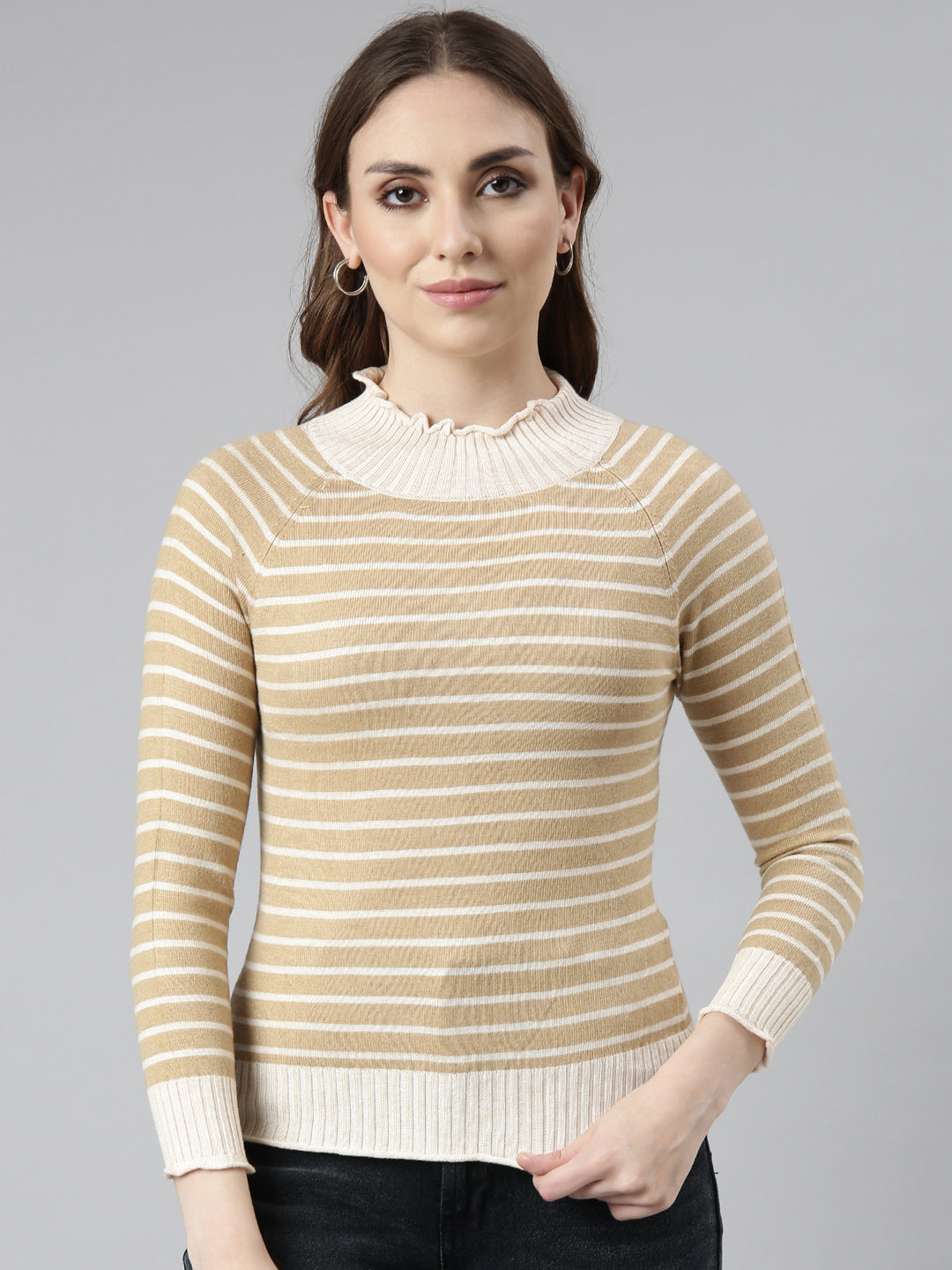 Women Brown Horizontal Stripes Fitted Top