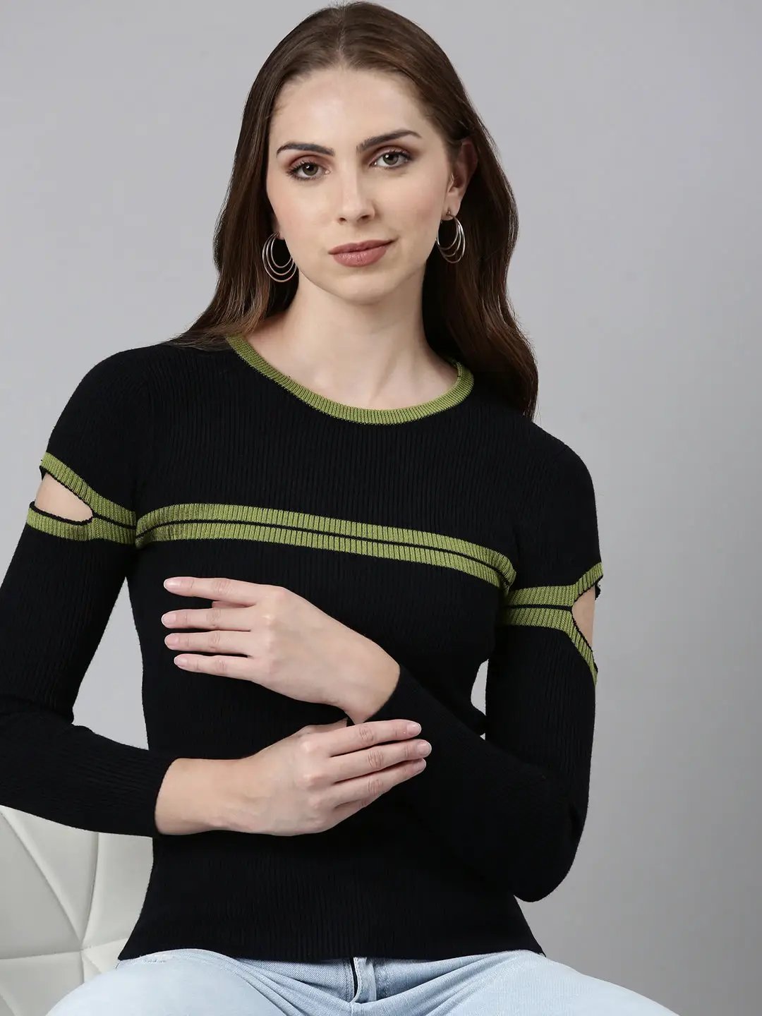 Women's Round Neck Striped Cold-Shoulder Sleeves Regular Black Top