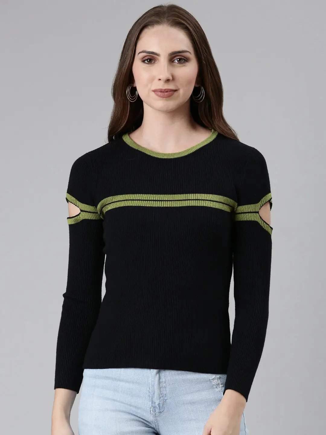 Women's Round Neck Striped Cold-Shoulder Sleeves Regular Black Top
