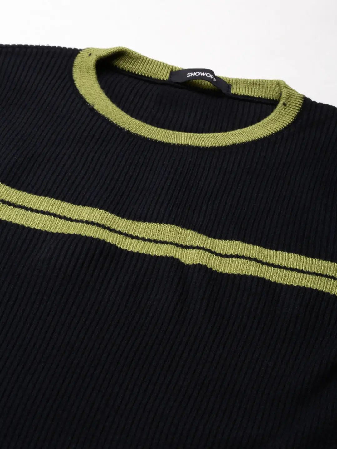 Women's Round Neck Striped Cold-Shoulder Sleeves Regular Black Top