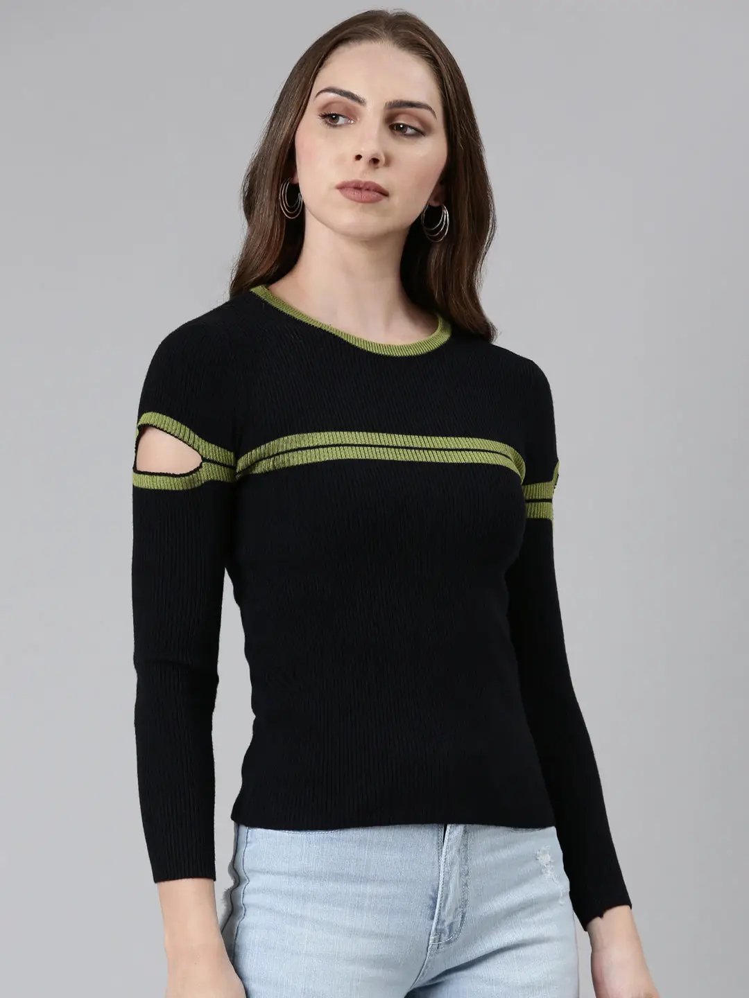Women's Round Neck Striped Cold-Shoulder Sleeves Regular Black Top