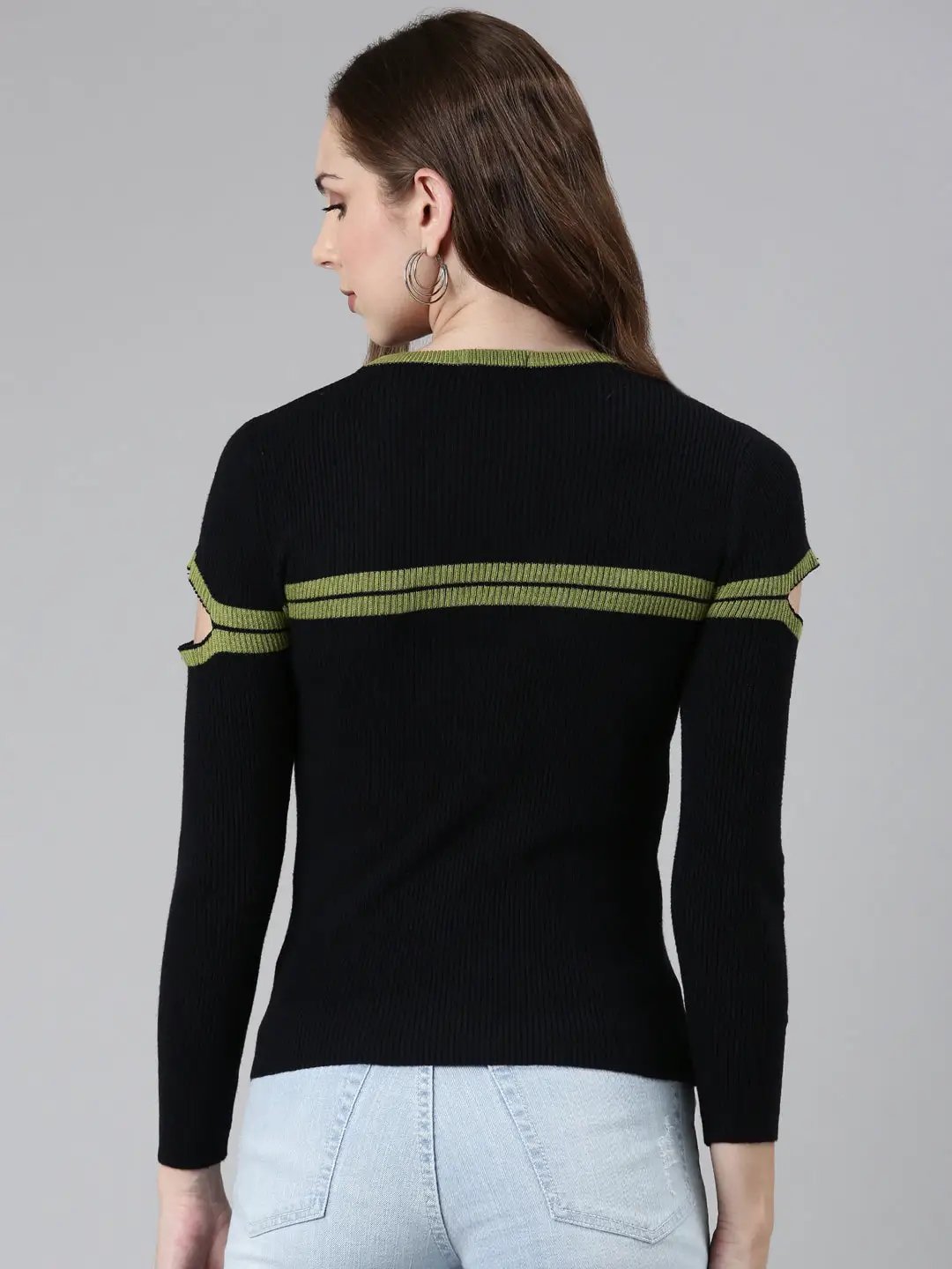 Women's Round Neck Striped Cold-Shoulder Sleeves Regular Black Top