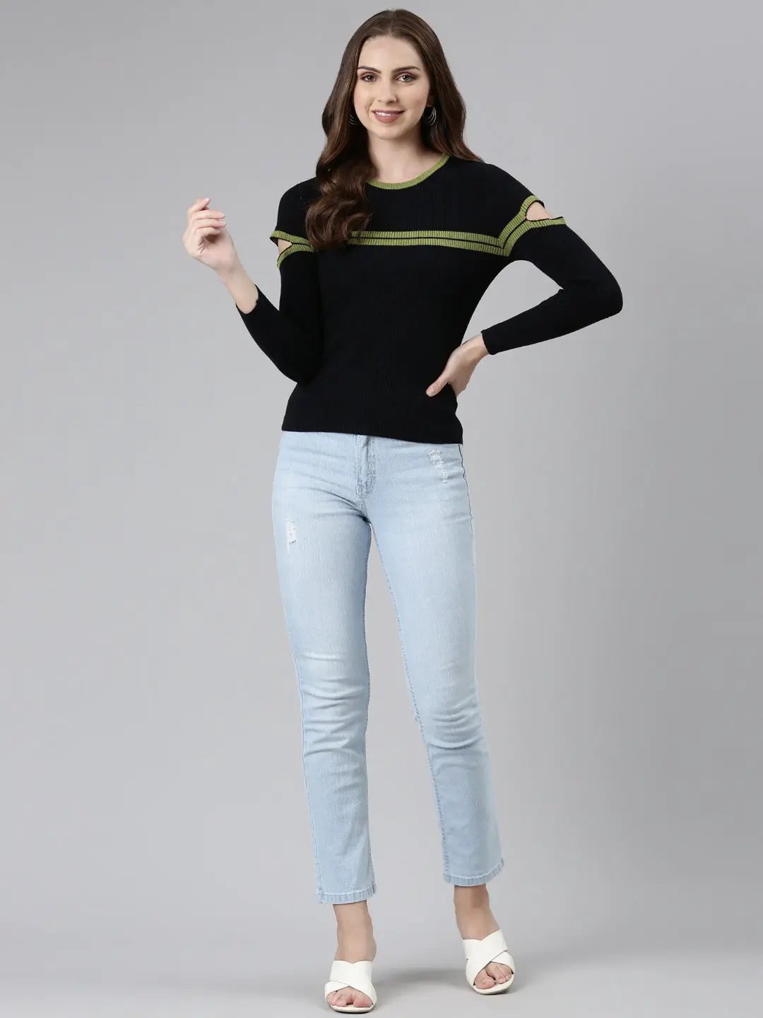 Women's Round Neck Striped Cold-Shoulder Sleeves Regular Black Top