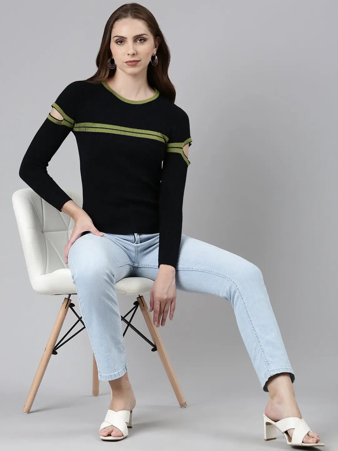 Women's Round Neck Striped Cold-Shoulder Sleeves Regular Black Top
