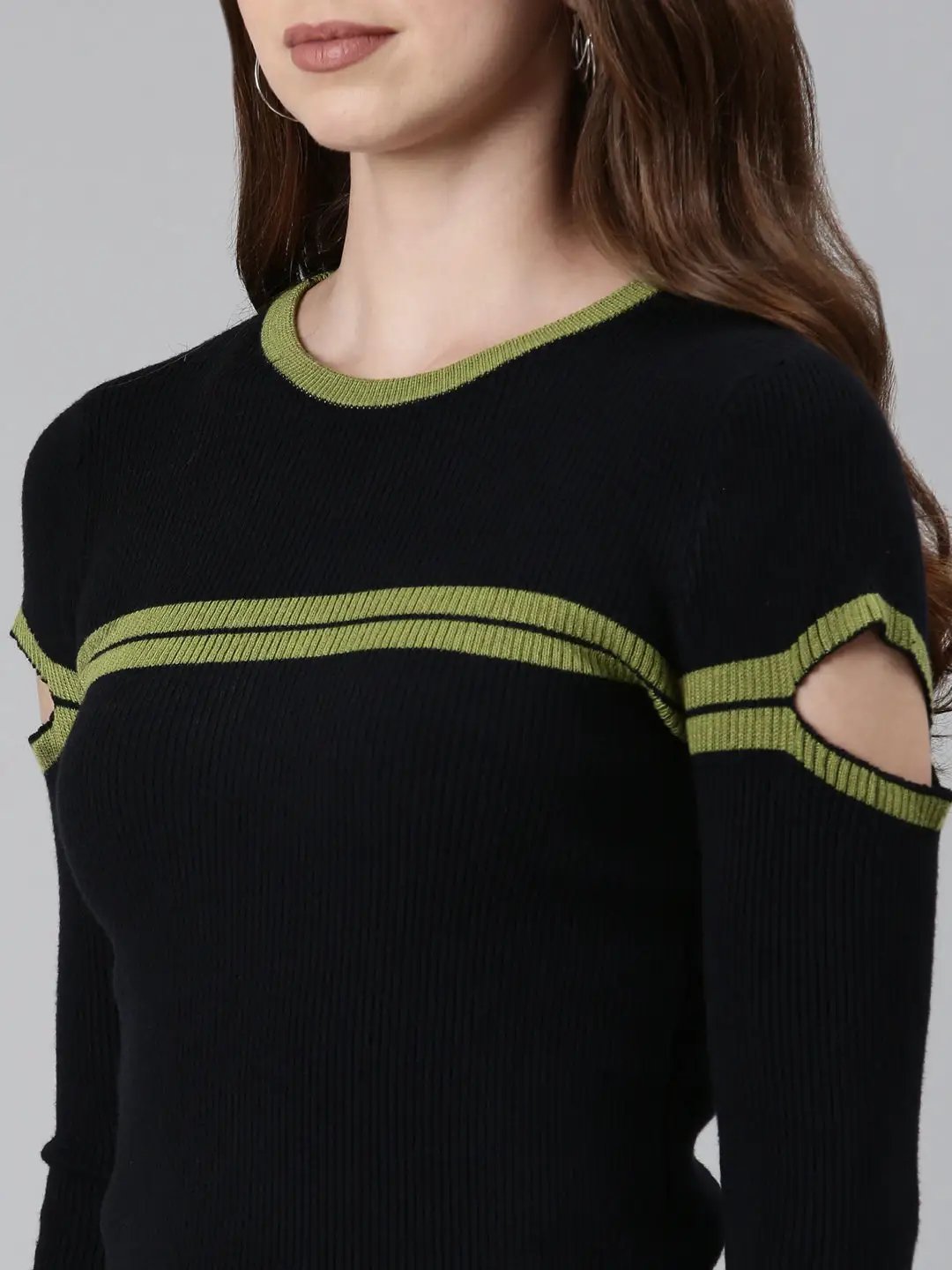Women's Round Neck Striped Cold-Shoulder Sleeves Regular Black Top