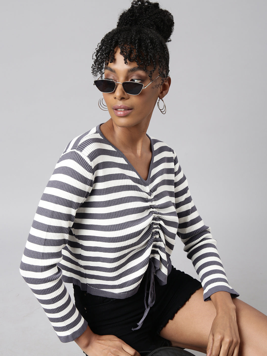 Women Grey Horizontal Stripes Top