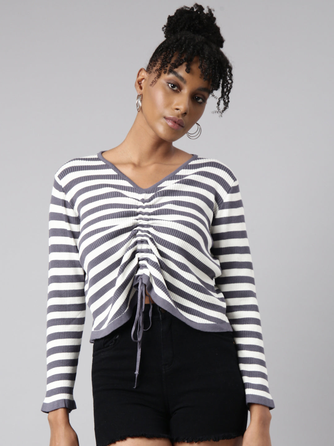 Women Grey Horizontal Stripes Top