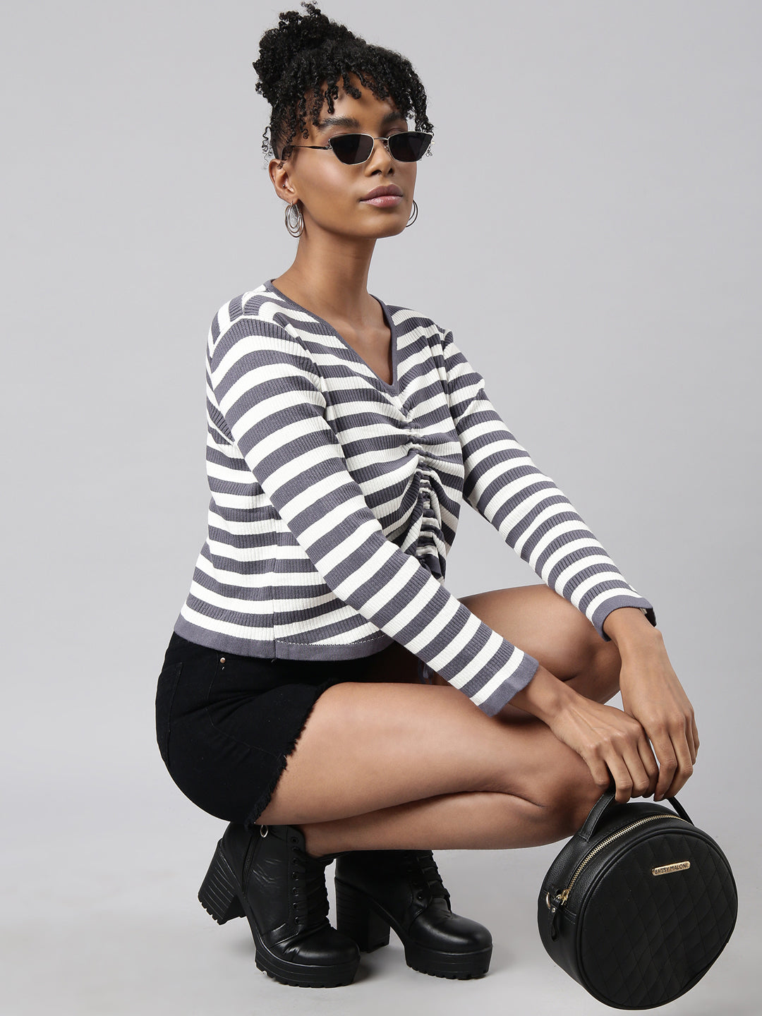 Women Grey Horizontal Stripes Top