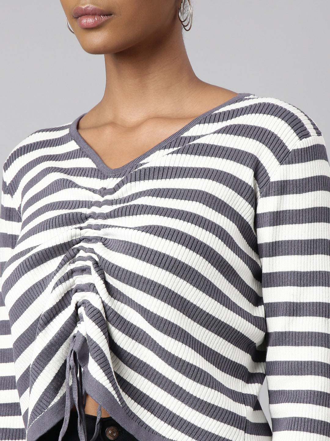 Women Grey Horizontal Stripes Top