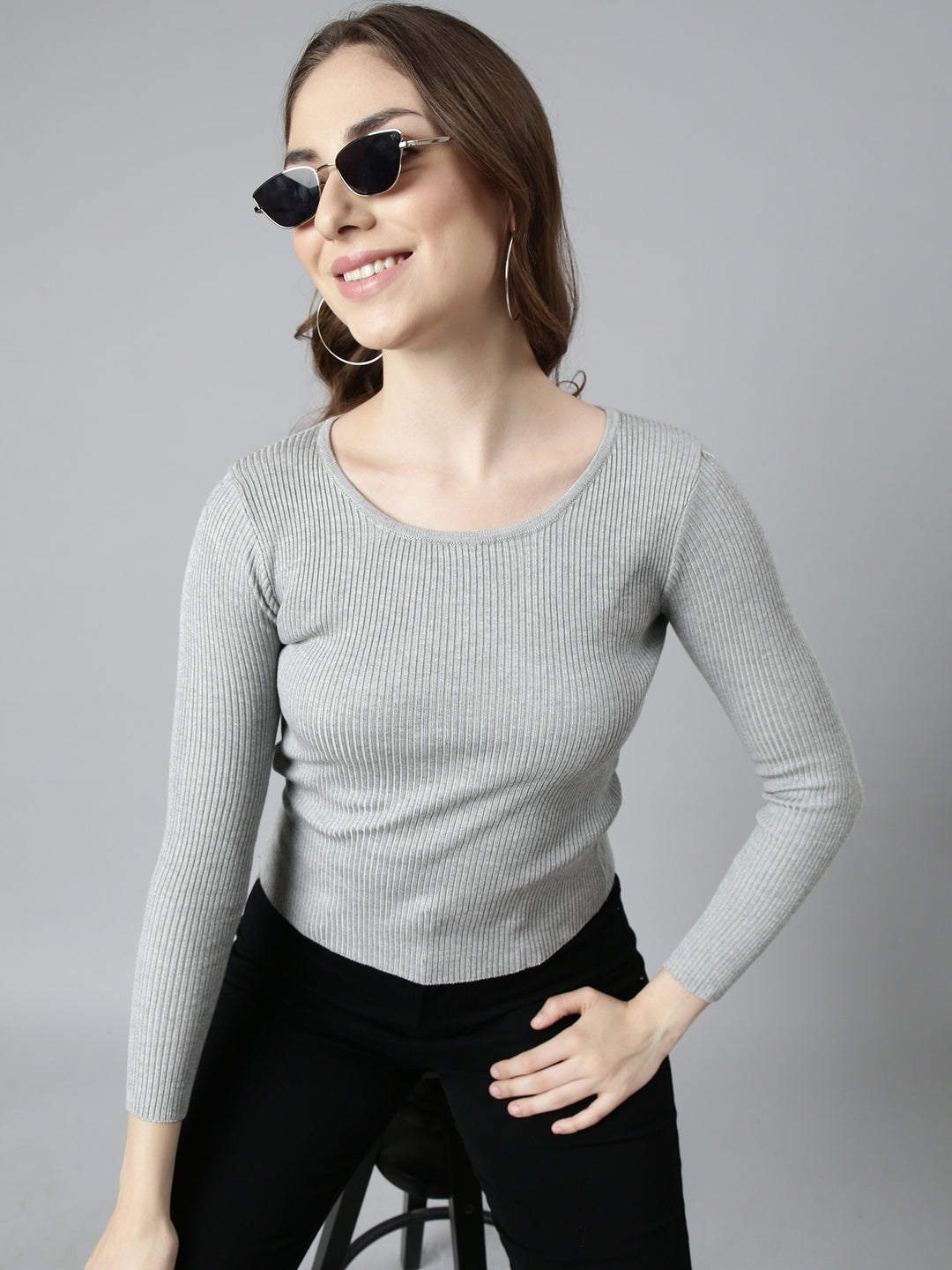 Women Grey Solid Fitted Top