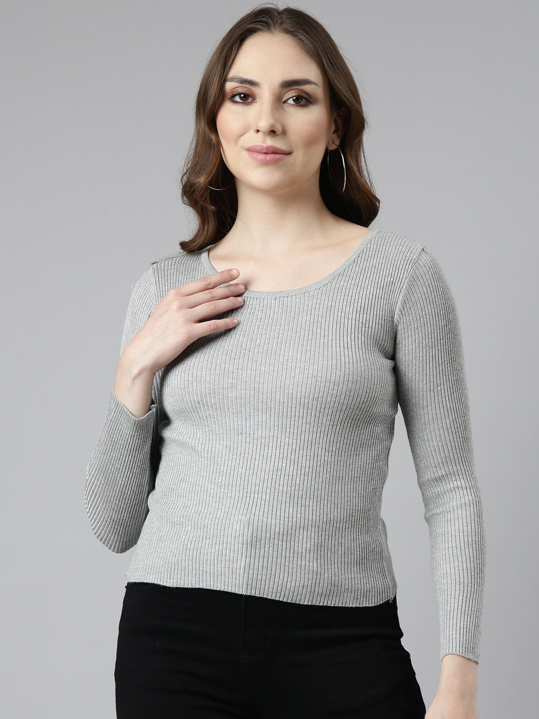 Women Grey Solid Fitted Top