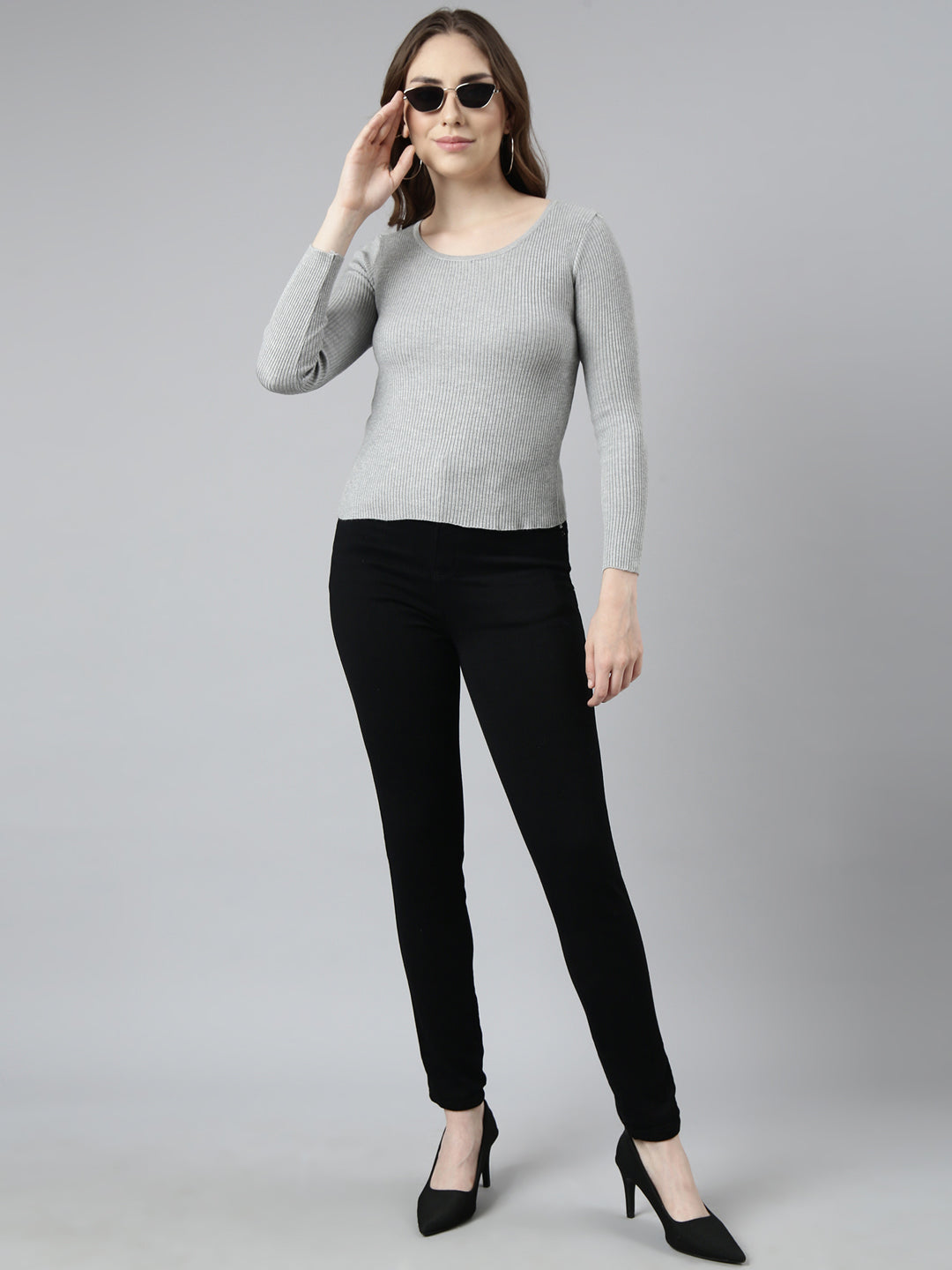 Women Grey Solid Fitted Top