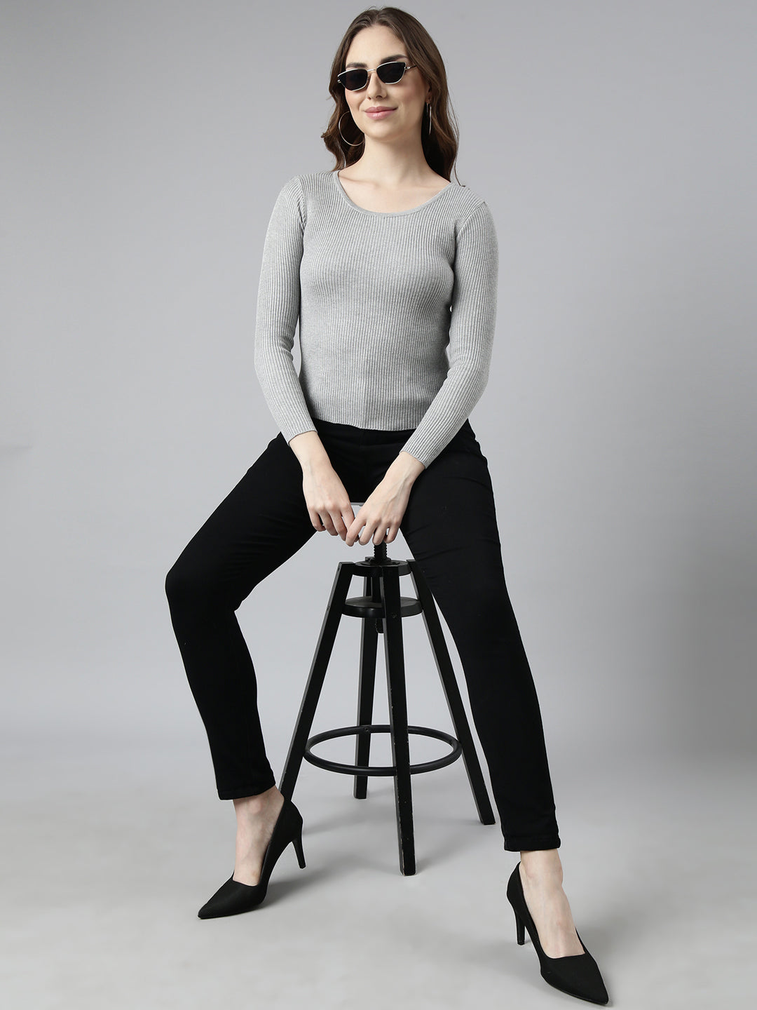 Women Grey Solid Fitted Top