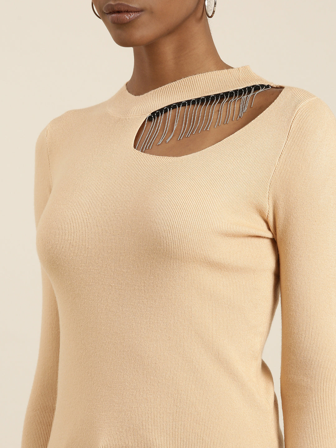 Round Neck Solid Regular Tan Top