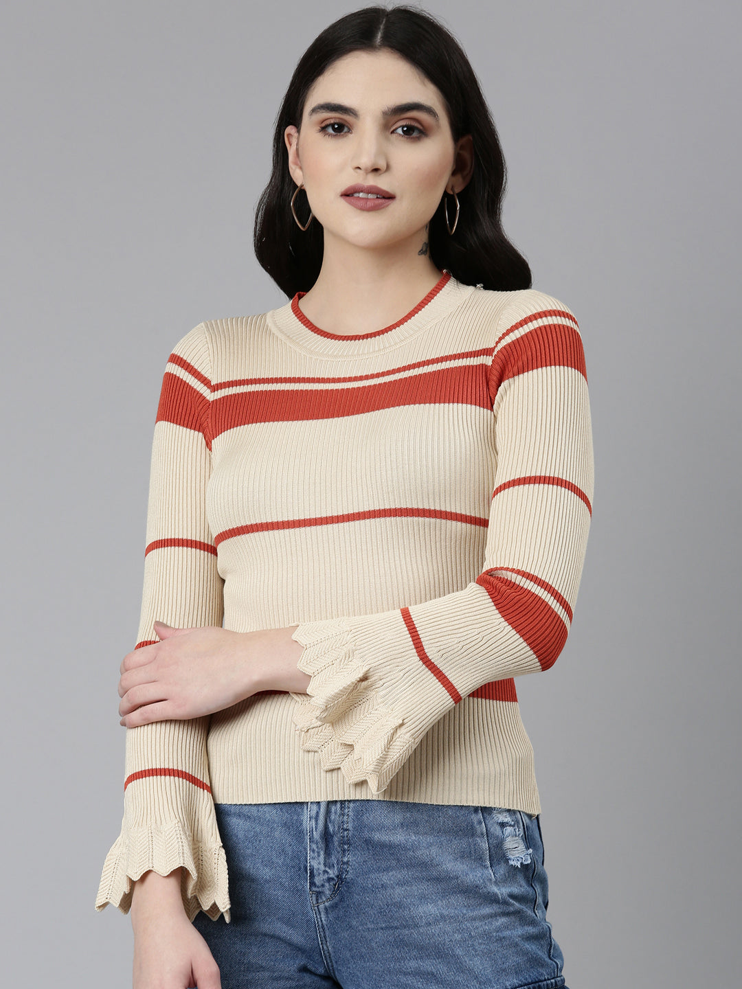 Women Round Neck Colourblocked Bell Sleeves Fitted Beige Top