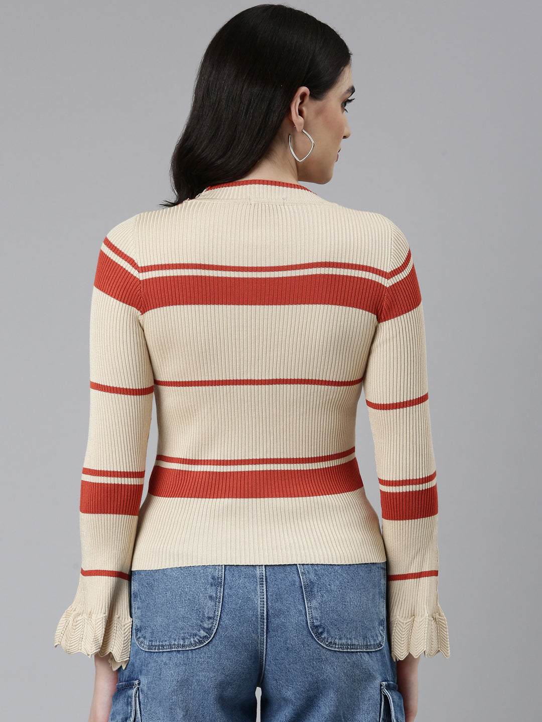 Women Round Neck Colourblocked Bell Sleeves Fitted Beige Top