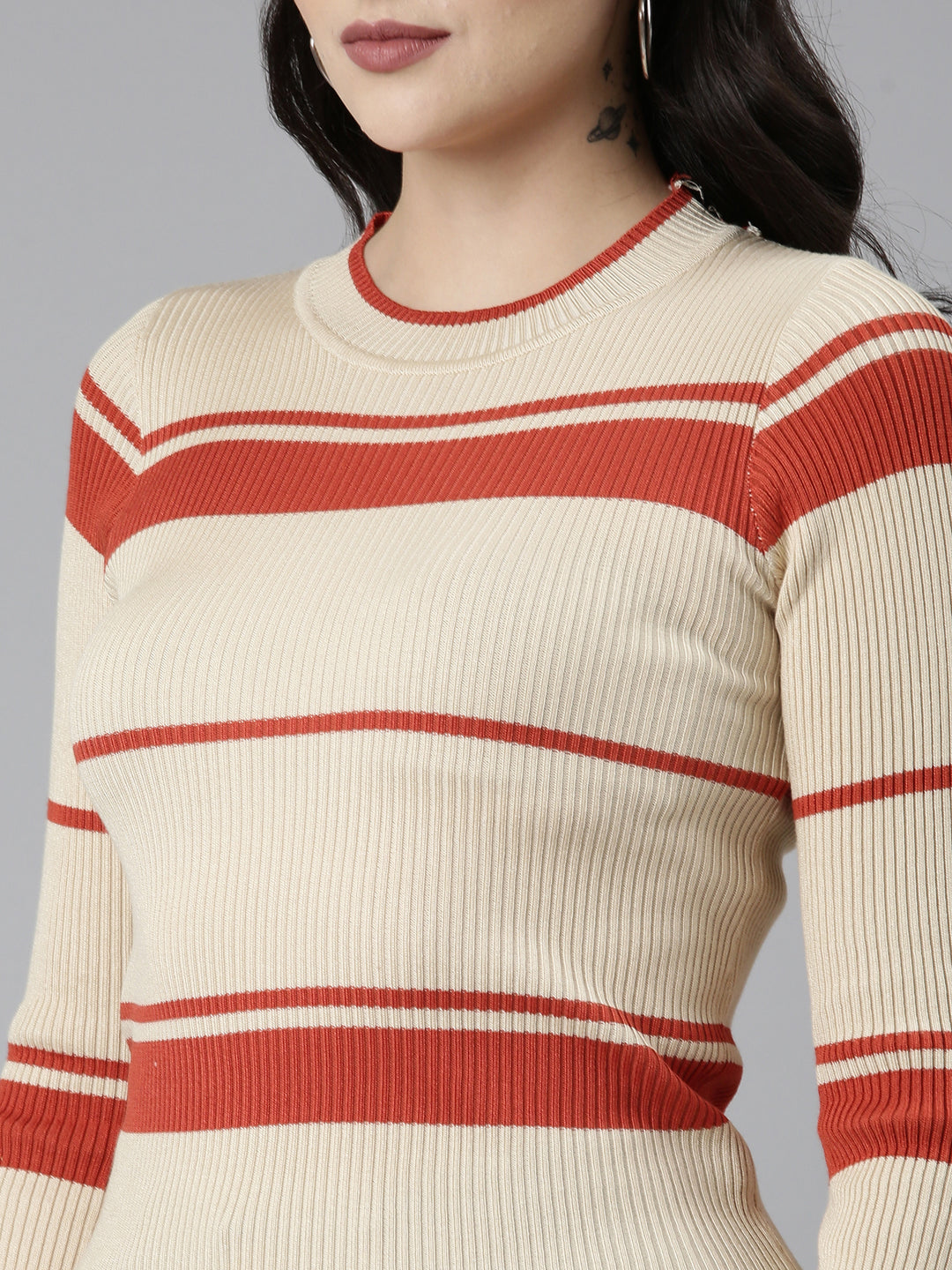 Women Round Neck Colourblocked Bell Sleeves Fitted Beige Top