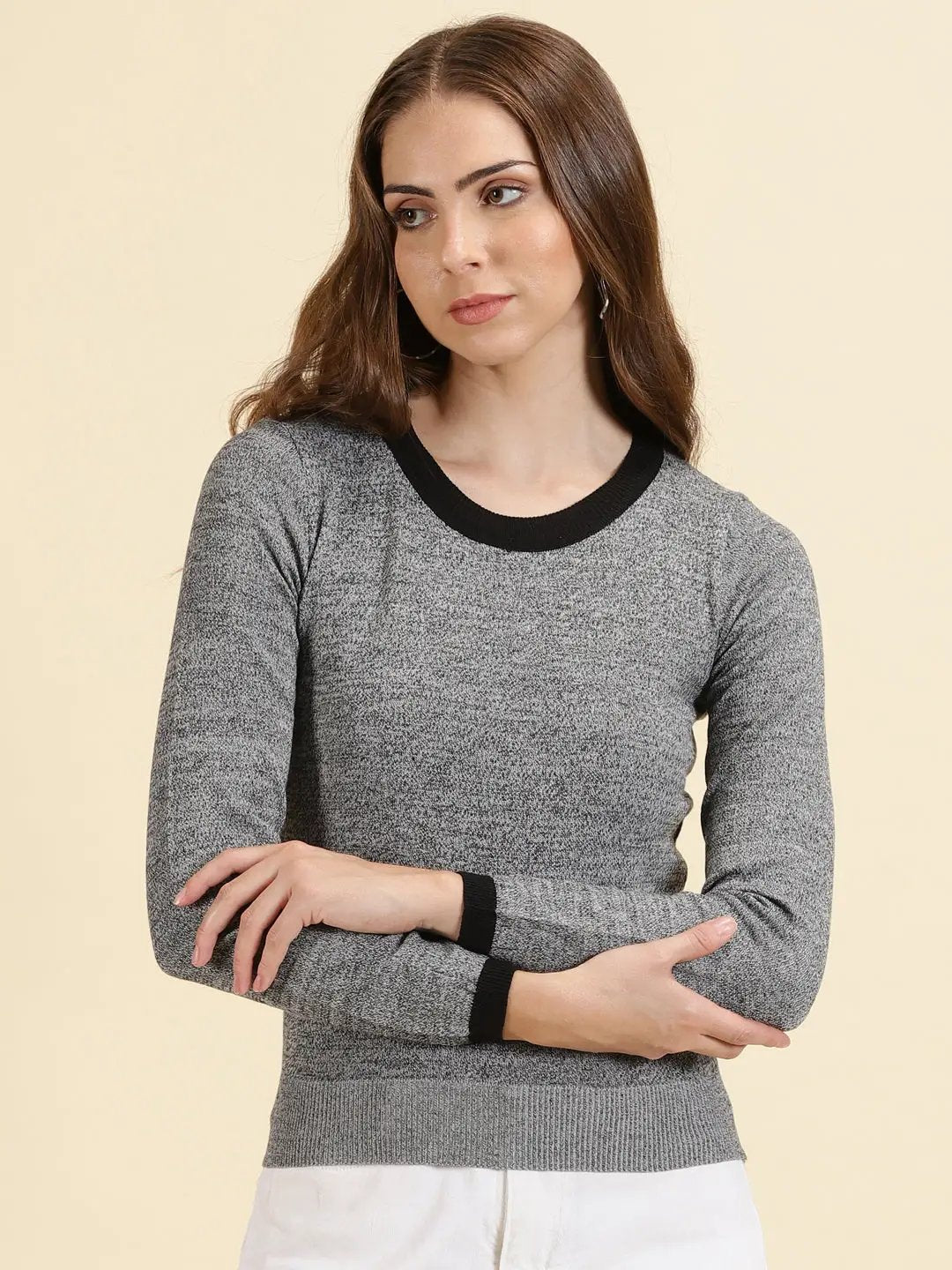 Women's Grey Melange Solid Top