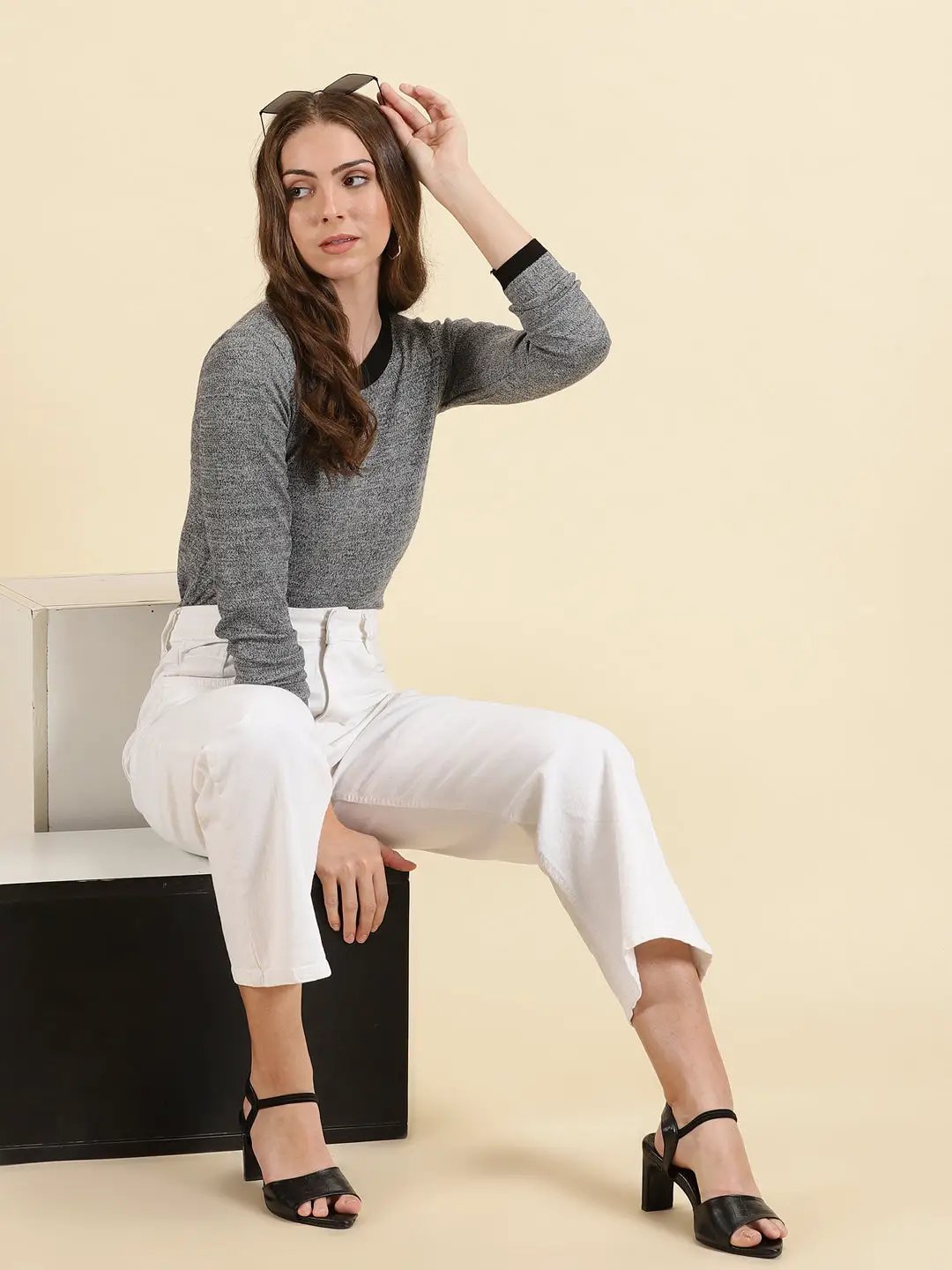 Women's Grey Melange Solid Top